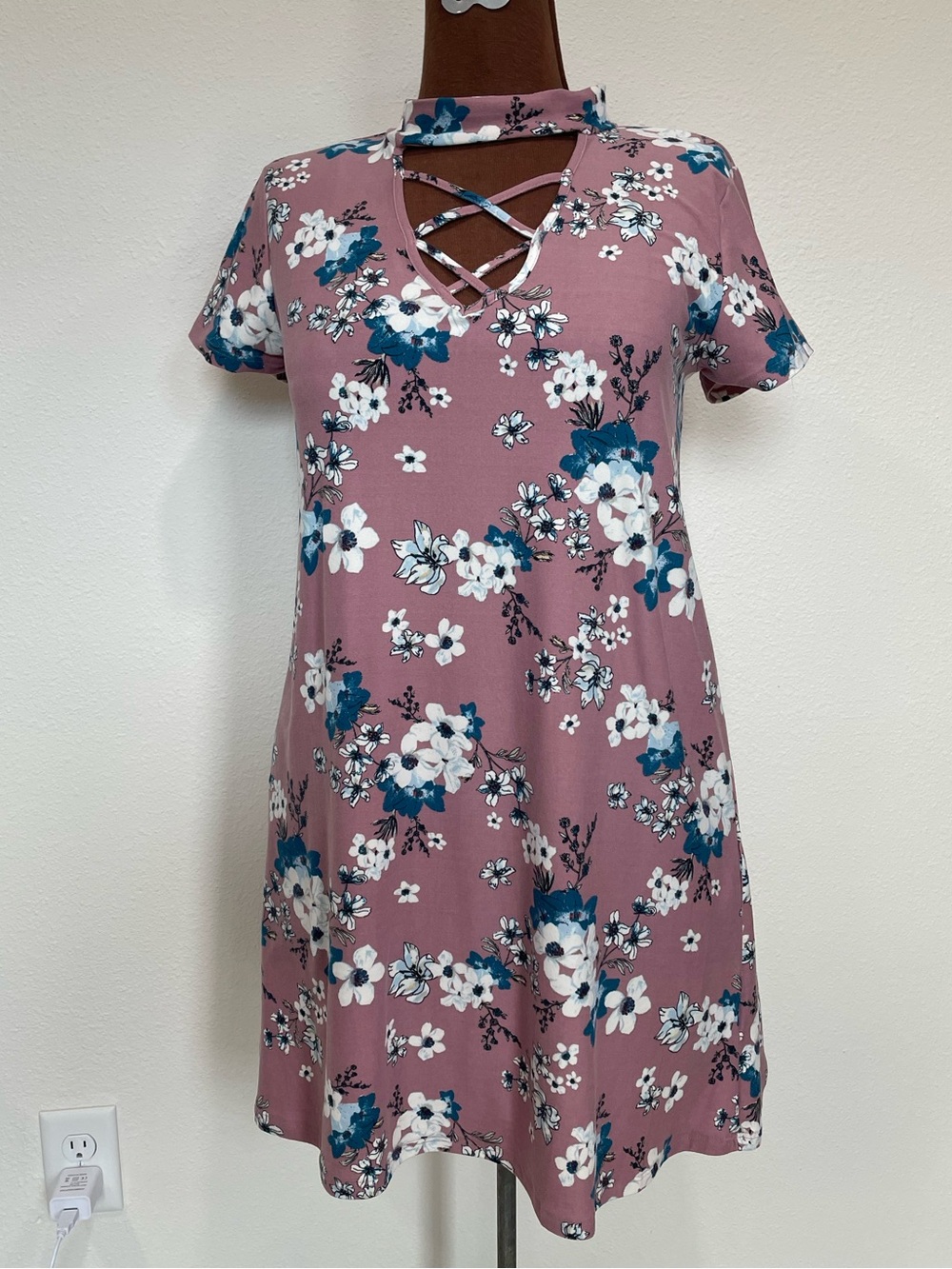 Pink Dusty Rose Floral Crisscross V-Neck Mini Dress